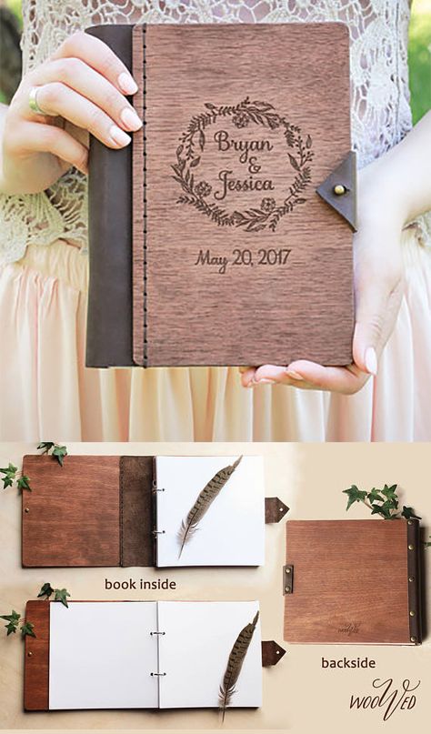 A modern rustic twist to a traditional wedding guest book. The cover is wood and it's engraved with your name and date.  To me, the leather binding makes it special, too. You could also use this as a wedding planning journal instead of guestbook. Diy Leather Book Cover, Wood Book Cover, Wedding Planning Notebook, Modern Guest Book, Diy Guest Book, Wedding Planning Binder, Diy Wedding Planning, Wedding Planning Book, Wedding Guest Book Unique