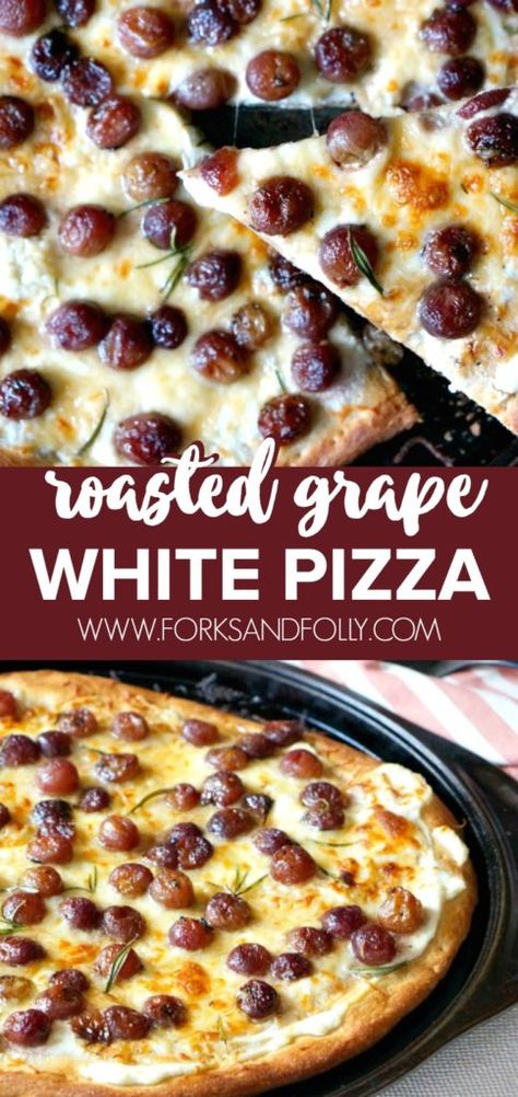 Roasted Grape Pizza may seem fancy (or weird).  But it's pizza, so it's not!  Bring the classic fruit and cheese combo to the supper table with our delicious and easy to make white pizza topped with ricotta and roasted grapes! Pizza With Grapes, Roasted Grapes Recipes, Grape Flatbread, Pizza Ideas Creative, Pizza With Fruit, Weird Pizza Toppings, Grape Pizza, Vegetarian Supper, Gourmet Pizza Recipes