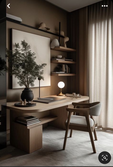 Moody Japandi Home, Home Interior Design Aesthetic, Designer Interior Home, Japandi Study Table, Luxury Desk Setup, Japandi Interiors Office, Japandi Office Room, Elegant Desk Setup, Japandi Home Office Design