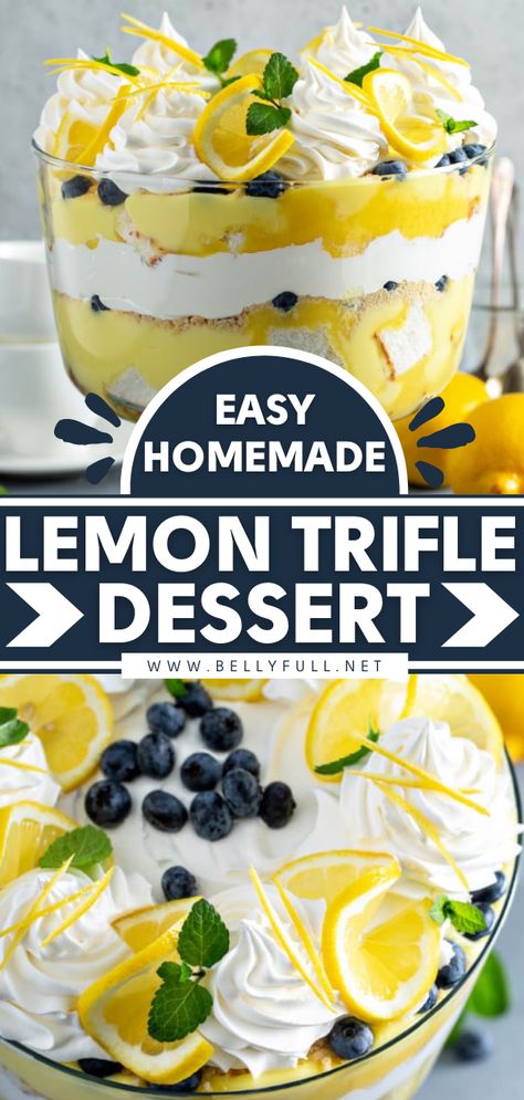 Easy Lemon Trifle Dessert Recipe Triffle Desserts Easy, Layered Trifle Desserts, Dessert Trifles Easy, Angel Food Cake Desserts Trifle, White Cake Trifle, Trifle Cake Recipes, Lemon Dessert Ideas, August Dessert Ideas, Trifles Desserts Easy