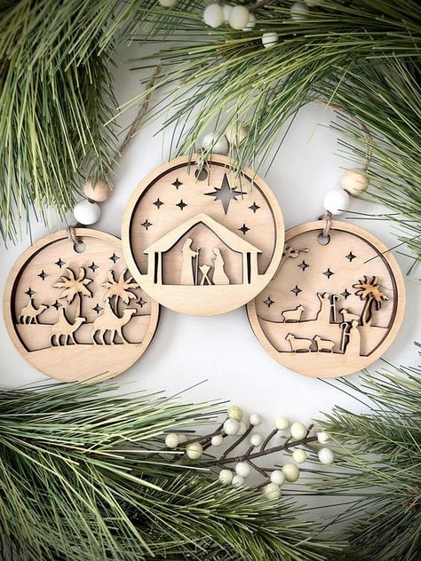 Laser Cut Christmas Ideas Wooden Nativity Ornaments, Wood Laser Ornaments, Christmas Ornaments Laser Cut, Laser Engraved Ornaments, Christmas Laser Projects, Laser Cut Christmas Decorations, Laser Ornaments, Laser Cut Christmas Ornaments, Layered Ornaments