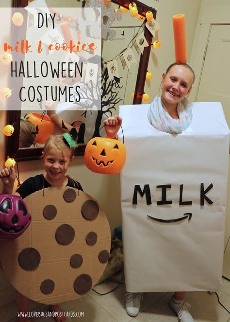 Our DIY Milk and Cookies costume made with @Amazon Smile boxes is super cute and my kids are so excited to go trick-or-treating now! They are easy to put together and don’t require much. Make your own #Boxtumes or get the step-by-step instructions for the Milk and Cookies here:   http://www.lovebugsandpostcards.com/diy-milk-and-cookies-costume-made-with-boxes/ #ad #AmazonPrime Milk Carton Costume Diy, Milk And Cookies Halloween Costume, Milk Costume Diy, Milk Carton Costume, Milk And Cookies Costume, Milk Costume, Cookie Halloween Costume, Boxing Halloween Costume, Food Halloween Costumes