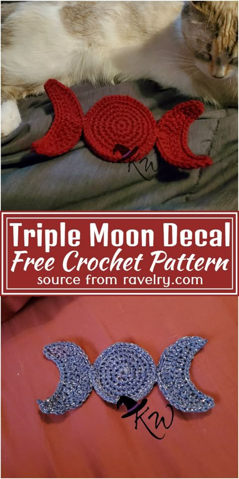 Free Crochet Triple Moon Decal Pattern #freecrochetpattern #crochetmoon #freecrochetmoon #freecrochetmoonpattern Triple Stitch Crochet, Witchcraft Crochet Patterns Free, Beginner Halloween Crochet Patterns, Crochet Wiccan Patterns, Wiccan Crochet Patterns Free, Crochet Planchette, Witch Crochet Pattern Free, Moon Phase Crochet Pattern Free, Crochet Moon Phases Pattern Free