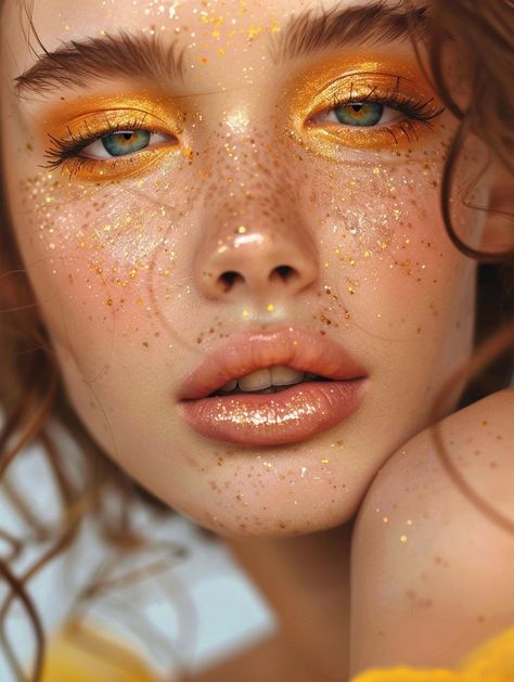 Summer / Fall Makeup Ideas 😍🥰 #eyeshadow #inspo #designs #looks #makeup #tutorial Summer Goddess Makeup, Yellow Gold Eye Makeup, Gold Sun Makeup, Leo Makeup Looks, Sunrise Makeup Looks, Yellow Make Up, Gold Fairy Makeup, Honey Makeup Look, Sun Makeup Looks