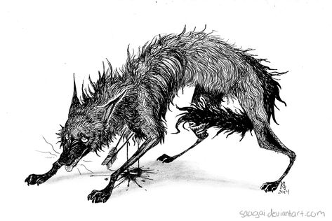 Crush by Saagai on deviantART Creepy Wolf Art, Horror Wolf Art, Wolf Ink Illustration, Fenrir Tattoo, Illusion Kunst, Trippy Wolf Art, Wolf Engraving Illustration, Arte Inspo, Gremlins