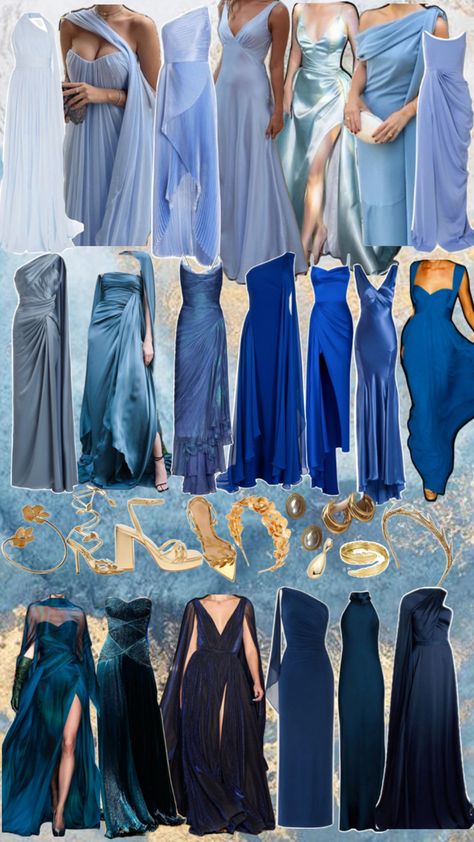 Formal dresses in different shades of blue with gold accessories Blue Dress Accessories, Blue Bridesmaids Dresses, Different Shades Of Blue, Summer Bridesmaid Dresses, Gold Prom Dresses, Blue Dress Formal, Indian Bridal Outfits, Blue Bridesmaid Dresses, Prom Outfits