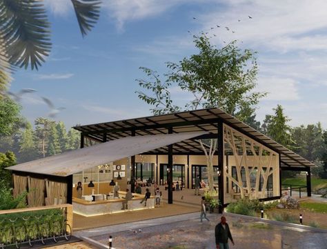 Foodcourt Design Outdoor, Outdoor Cafe Design, Riverside Cafe, Outdoor Restaurant Patio, Homes Architecture, Cafe Exterior, Farm Restaurant, Café Design, Outdoor Restaurant Design