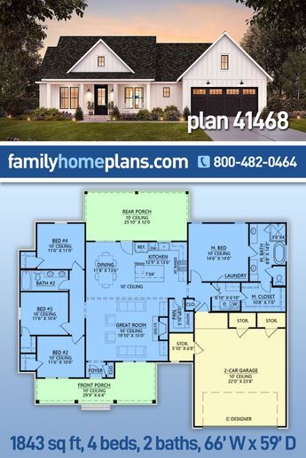 This 4 bedroom Country Farmhouse Home Plan has 1,843 sq ft of living area & a split floor plan. That means Mom and Dad have a private suite on the right side of the house, & three children's bedrooms are on the left. The master suite includes a full bathroom with two vanities, soaking tub, walk-in shower, private toilet closet, and huge walk-in closet that is connected to the laundry room. Open living space, lots of storage, and two wonderful covered porches finish up the features of this plan. Four Bedroom Floor Plans One Story, Joining Two Houses Together, Modest 4 Bedroom House Plans, Country House Plans 4 Bedroom, 3 Bedroom House With Bonus Room, Best Farmhouse Floor Plans, 4bd 3ba Floor Plans, House Plans With Two Master Suites Ranch, Farmhouse House Plans With Basement