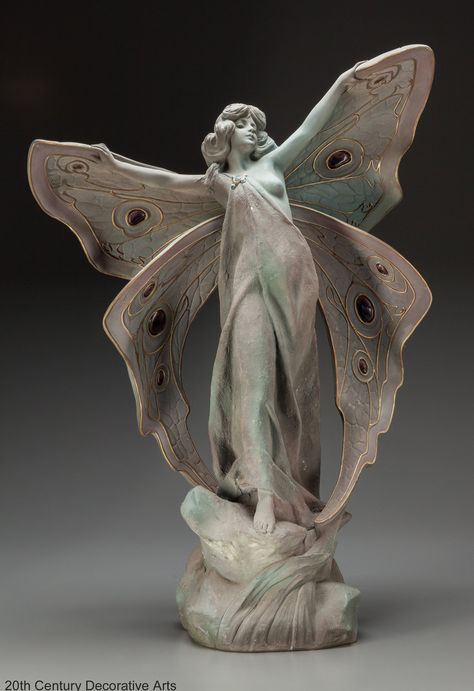 An Art Nouveau ceramic and glass inserts figure by Clara Pfeffer, France, circa 1900 #artnouveau #butterfly Butterfly Statue, Ceramic Butterfly, 3d Figures, Art Nouveau Design, Wow Art, 판타지 아트, 영감을 주는 캐릭터, Sculptures & Statues, Creature Design