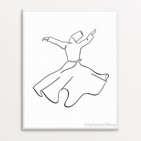 Whirling Dervish art print Dancing Sufi one line art Printable Modern Islamic wall art Semazen minimal drawing Spiritual home decor Download Sufi Art Spiritual, Sufi Drawing Simple, Islamic Line Art, Sufi Art Paintings, Sufi Drawing, Minimal Art Drawing, Whirling Dervish Art, Sufism Art, Dervish Art