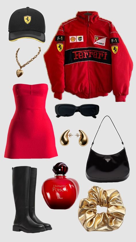 #F1 #Ferrari #outfit Las Vegas Grand Prix F1 Outfit, F1 Las Vegas Outfit, F1 Fashion Women, F1 Girl Outfit, Ferrari Girl Outfit, F1 Inspired Outfits, Ferrari Jacket Aesthetic, F1 Costume Women, Ferrari Jacket Outfit Women