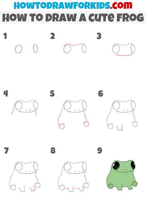 Cute Art Styles Step By Step, How To Make A Frog Drawing, Simple Cute Frog Drawing, Frog Drawing Sketches Easy, Cute Frog Drawing Tutorial, How To Draw A Frog On A Mushroom, How To Draw Cartoon Frog, Cartoon Frog Drawing Sketch, Simple Frog Sketch