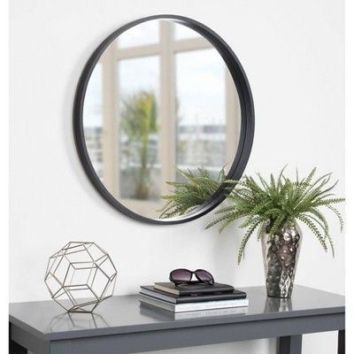 25.6" Travis Round Wood Accent Wall Mirror Black - Kate and Laurel Black Wall Mirrors, Mirror Wall Shelf, Round Wood Mirror, Contemporary Bathroom Mirrors, Modern Contemporary Bathroom, Black Wall Mirror, Modern Mirror Wall, Wood Accent Wall, Contemporary Mirror