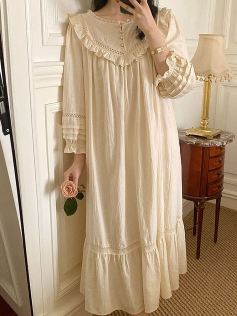 Vintage Women's Sleepwear Princess Dress Royal Style Cotton Cream colored Embroidered Pajamas Sleepshirts Lace Nightgown Nightie| | - AliExpress Victorian Era Sleepwear, 1880s Pajamas, 18th Century Sleepwear, 1800 Pajamas, 1900s Pajamas, Fairycore Pajamas, Pajama Dress Nightgowns, 1800s Sleepwear, Vintage Pajamas Women