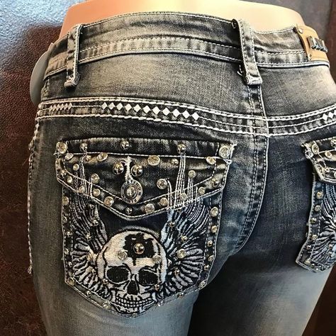 Beauty Dark Grey Skull Jeans For Women - Wonder Skull Mcbling Pants, Dc Clothing, Skull Jeans, Z Cavaricci Jeans, Jean Fits, Ed Hardy Jeans, Unique Pants, Unique Jeans, Bling Jeans