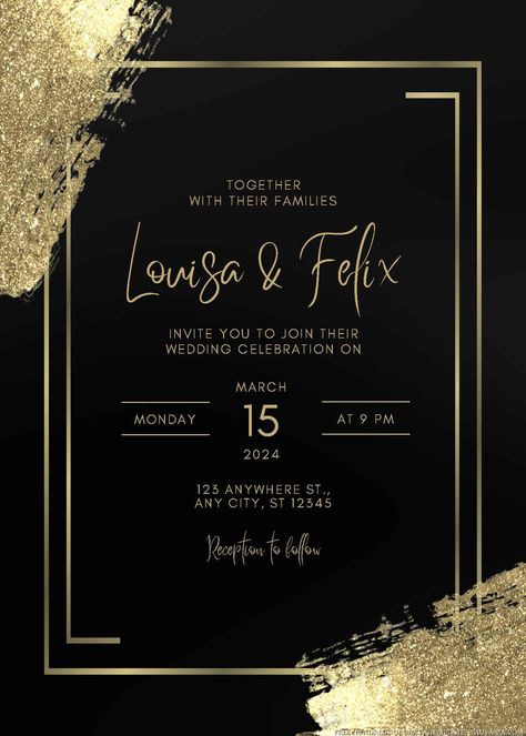 Get 22+ Gold Glitter Swatch Canva Wedding Invitation Templates #free #freeinvitation2019 #birthday #disney #invitations #invitationtemplates Wedding Party Invitation Card, Edit Invitation Card, Birthday Invitation Card Ideas, Invitation Card Design Birthday, Wedding Card Black And Gold, Invitation Card Design Black And Gold, Black N Gold Invitations, Birthday Invitations Black And Gold, Blank Invitation Template Black And Gold