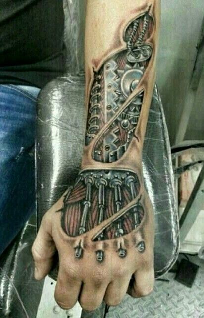 Biomechanical Hand Tattoo Biomechanical Tattoo Hand, Biotech Tattoo, Biomech Tattoo, Tato 3d, Biomechanical Tattoo Design, Robot Tattoo, Steampunk Tattoo, Mechanic Tattoo, Polynesian Tattoos