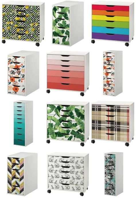 You can make these Ikea Alex drawers for your craft room in 10 minutes! I’m so excited I found these gorgeous decals for my IKEA Alex drawers ... I can even get them to print my art on them! https://www.smartfundiy.com/ikea-alex-drawers-hack/ #smartfundiy #crafts #DIY #ikeahack #ikeaalex #alexdrawers #mywonderfulwalls #smartfundiy [AD] Alex Drawer Organization, Alex Drawers, Ikea Units, Ikea Raskog, Ikea Alex Drawers, Letterpress Drawer, Alex Drawer, Ikea Alex, Easy Ikea Hack