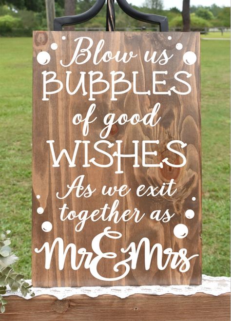 Blow us bubbles of wishes for the new Mr & Mrs! Having a bubble send off at the end of your ceremony or reception? Set up a small table, display this sign, add a basket with some bubbles and you are all finished! Your guests will know exactly what the bubbles are for without you having to say a word! Cute Wedding Touches, Blending Family Wedding Ideas, Rustic Wedding Ideas On A Budget Diy, Fall Reception Ideas, Easy Wedding Ideas, Cheap Wedding Decoration Ideas, Interactive Wedding Ideas, Future Wedding Ideas, Misty Wedding