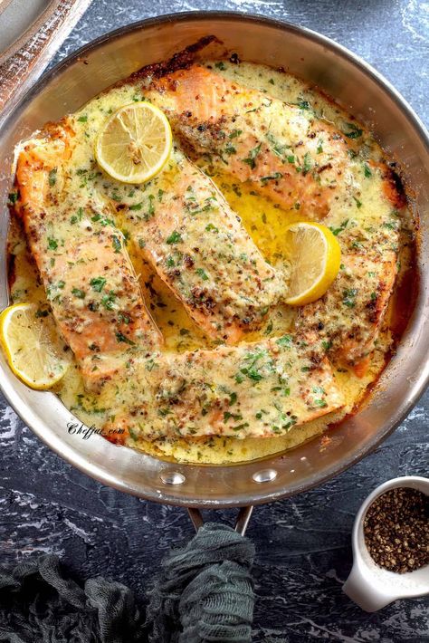 Baked Salmon with Lemon Butter Cream Sauce - Chefjar Lemon Butter Cream Sauce, Salmon Sauce Recipes, Baked Salmon With Lemon, Butter Cream Sauce, Baked Salmon Lemon, Lemon Butter Salmon, Salmon With Lemon, Delicious Salmon Recipes, Sauce For Salmon