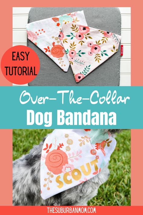 Over-the-collar dog bandana tutorial. DIY dog bandanas are a fun pet fashion statement. Personalize these reversible dog bandanas with your dog's name on a floral fabric or a funny saying using iron-on vinyl. Free sizes x-small, small, medium, large dog bandana pattern size chart. Dog Bandana Over The Collar, Dog Bandana Over Collar Pattern, How To Make Dog Collar Bandanas, Diy Doggie Bandana, Over Collar Dog Bandana Free Pattern, Over The Collar Dog Bandana Size Chart, Over The Collar Pet Bandana Pattern, Easy Sew Dog Bandana, Diy Small Dog Bandana