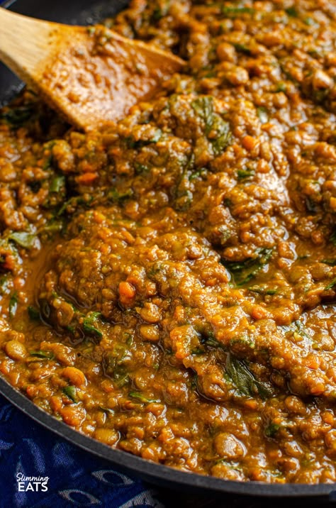 Delicious Spicy Lentils and Spinach - a perfect meal for Meatless Mondays! Even non-vegetarians will love this recipe. Lentils are not only affordable but also a fantastic source of protein and fiber. I always keep different varieties in my pantry; red lentils for soups and daal, and chunkier lentils like brown or green lentils as a substitute for ground meat in recipes. Lentil Skillet Recipes, Lentil Ragu Recipe, Dry Lentil Recipes, Quick Lentil Recipes, Brown Lentils Recipe, Green Lentils Recipe, Persian Lentils, Lentil Ground Beef, Lintel Recipes