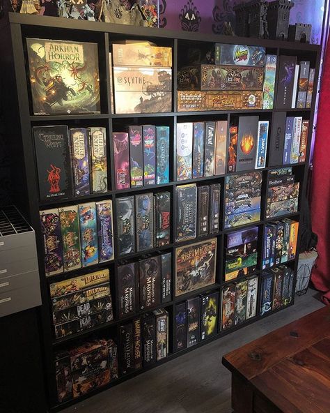 Updated shelfie of the ever-growing collection! Many games added since the last photo! 🙃 . #paintanddice #boardgame #boardgames… Game Room Board Games, Board Games Collection, Displaying Board Games, Boardgame Display Ideas, Board Game Shop, Boardgame Rooms, Boardgame Room Idea, Boardgame Shelf Ideas, How To Store Board Games