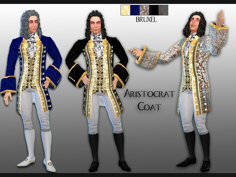 Aristocrat noble coat worn in the 17th century. A long jacket with large cuffs with gold trim, the buttons and gold stripes reflect light. Works with sliders and movements. Its a top. Good coat for... Sims Car, Queen Clothing, Male Suit, Sims Medieval, Prince Clothes, King Outfit, Sims 4 Dresses, Sims 4 Update, Period Outfit