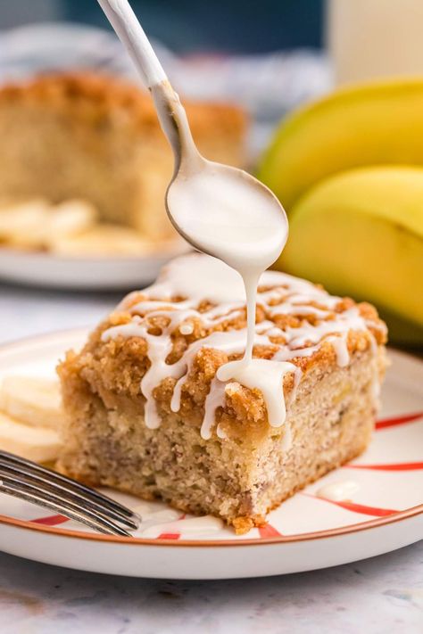 This amazing recipe takes everything that's wonderful about banana bread and transforms those elements to a crumb cake or coffee cake (because it pairs so well with coffee!) The moist banana bread cake is delicately flavored with vanilla and then you have a crumb topping. There is also an optional powdered sugar glaze on top which you can add if you want. This cake is sweet, moist and universally appealing, which means nobody has the willpower to say no to a slice! You're going to love this.