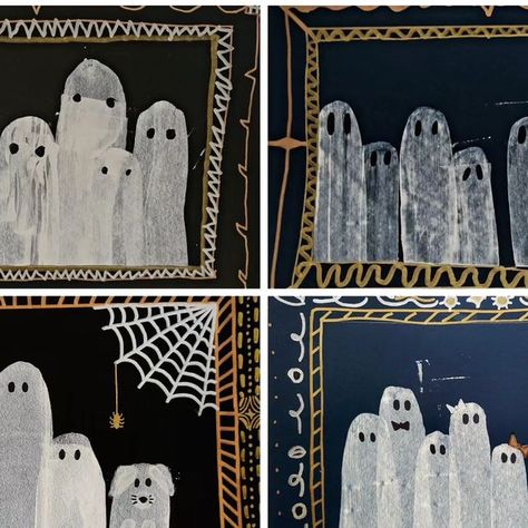 PaletteofRainbows on Instagram Ghost Process Art, Halloween Craft School, Ghost Art Project, Ghost Family Portrait, Ghost Portrait, Halloween Art Activities, Halloween Student, Halloween Art Lessons, Ghost Family