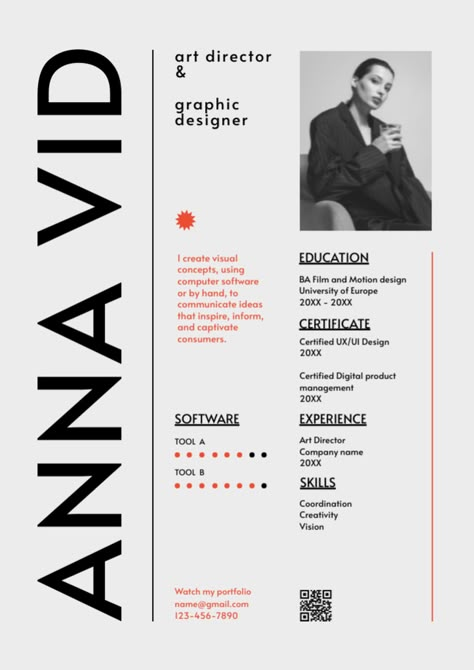 Interesting Resume Design, Photographer Resume Design, Unique Cv Design, Resume Template Graphic Design, Creative Resumes For Designers, Art Director Resume Design, Graphic Design Resume Examples, Personal Resume Design, Artist Cv Design