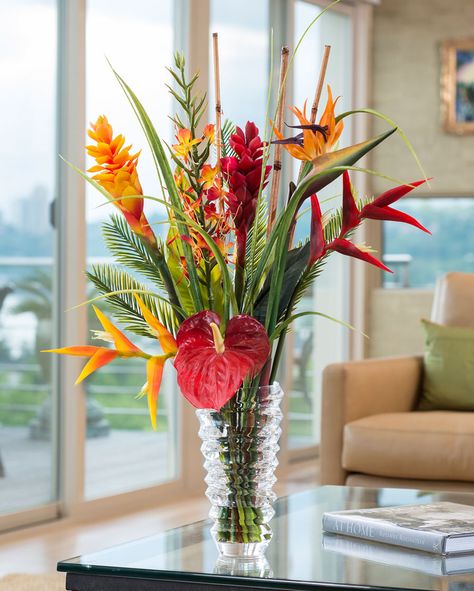 Hawaiian Flower Arrangements, Tropical Centerpieces, Tropical Floral Arrangements, Tropical Flower Arrangements, Large Flower Arrangements, Spring Floral Arrangements, Flower Decorations Diy, Flower Vase Arrangements, Silk Floral Arrangements