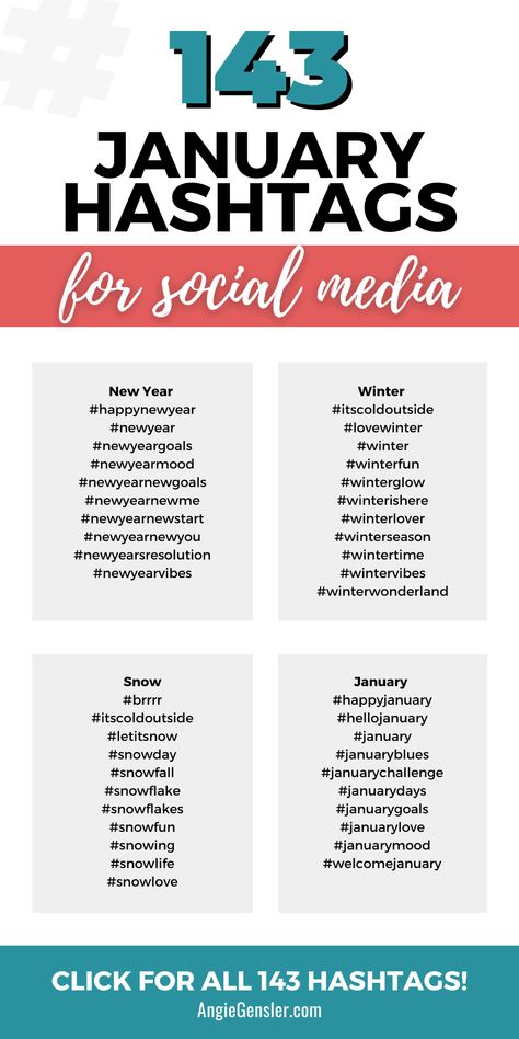 Wondering what hashtags to use on social media in January? This complete list of hashtags will provide you with over 140 popular hashtags to use on Instagram throughout January. These hashtags can also work on other social media channels like X, Facebook, LinkedIn, and TikTok. #socialmediamarketing #instagramhashtags #angiegensler Hastag Instagram, Social Media Hashtags, Hashtag Strategy, List Of Hashtags, Facebook Tips, Linkedin Tips, Popular Hashtags, Twitter Tips, Pinterest Tips