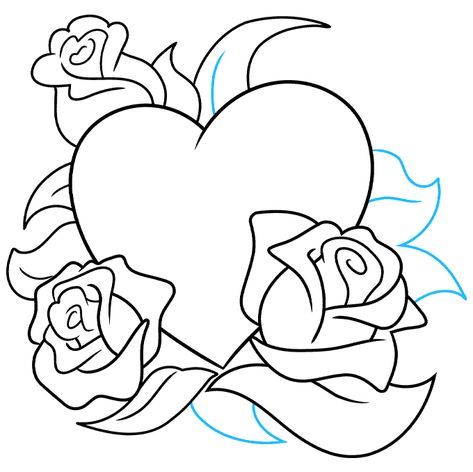 Rose And Heart Drawing, Drawing Ideas Easy Heart, Heart With Arrow Drawing, Heart Coloring Pages Free Printable, Chicano Heart Drawing, Heart Drawing Easy, Rose Drawing Tutorial, Flower Coloring Pages For Kids, Heart With Roses