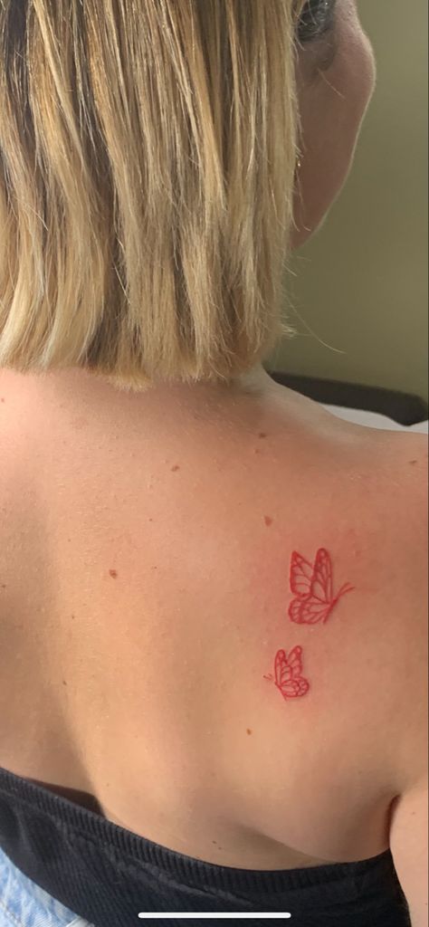 Two Red Butterfly Tattoo, Red Half Butterfly Tattoo, Red Butterfly Tattoo On Back, Red Tattoos Butterfly, Small Red Tatooes, Red I K Tattoo, Tiny Red Butterfly Tattoo, Red Outline Butterfly Tattoo, Red Butterfly Flower Tattoo