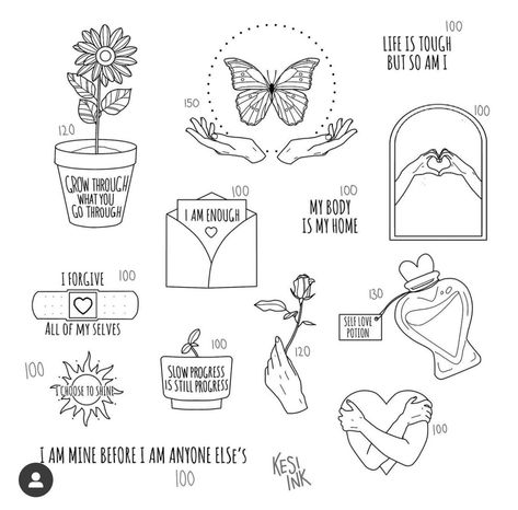 Small Tattoos About Body Positivity, Sticker Book Tattoo Sleeve, Patch Work Tattoo Ideas Female, Doodle Tattoos For Women, Sticker Tattoos Sleeve, Flash Art Tattoos For Women, Fine Line Book Tattoo, Lover Tattoo Ideas, Brain Tattoo