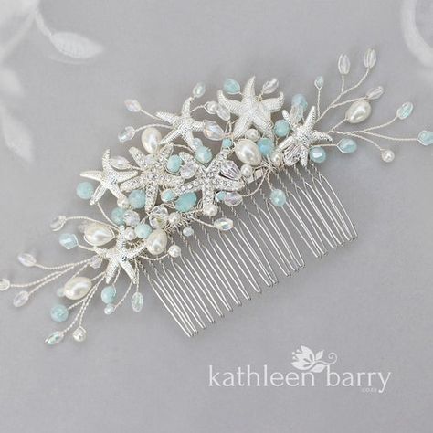 Beach Bridal Hair, Beach Wedding Hair Accessories, Ariel Hair, Blush Wedding Gown, Blue Beach Wedding, Starfish Wedding, Bridal Cuff, Beach Wedding Hair, Wedding Hair Comb