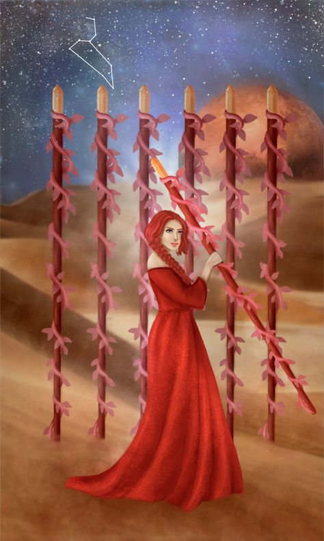 ArtStation - Seven of Wands - Tarot, Tiffany Mackay 7 Of Wands Tarot, 7 Of Wands, 6 Of Wands, Seven Of Wands, Tarot Study, Tarot Wands, Wands Tarot, Tarot Magic, Tarot Card Spreads