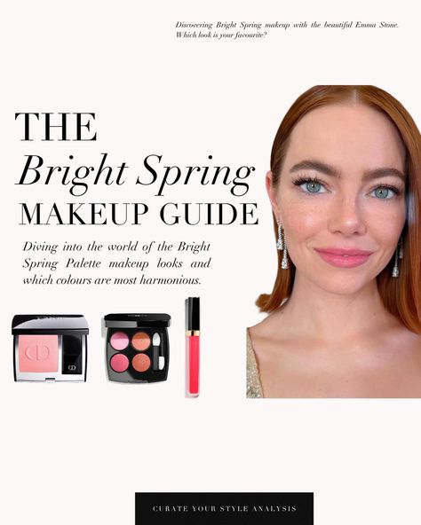 A Bright Spring makeup guide with the lovely Emma Stone 🤍 . #coloranalysis #colouranalysis #springpalette #brightspring #emmastone Bright Spring Makeup Products, Emma Stone Bright Spring, Bright Spring Eye Makeup, Bright Spring Makeup Palette, Bright Spring Eyeshadow, Bright Spring Color Palette Makeup, Warm Spring Makeup Looks, Bright Spring Makeup Looks, Clear Spring Makeup