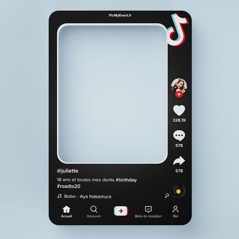 Vous passez vos journées sur TikTok ? Notre cadre photobooth TikTok est une idée originale d’animation pour tout type d’évènement; anniversaire, enterrement de vie de jeune fille, afterwork ou même un évènement professionnel. TikTok attire de plus en plus d’utilisateurs. Si vous préférez ce réseau social à Instagram, c’est assurément LE cadre selfie qu’il vous faut. Tiktok Booth Design, Instagram Photobooth Ideas, Photo Frame Design Graphic, Video Frame Design, Photobooth Design Ideas, Instagram Frame Photobooth, Kampus Mengajar, Photobooth Ideas Creative, Instagram Photobooth