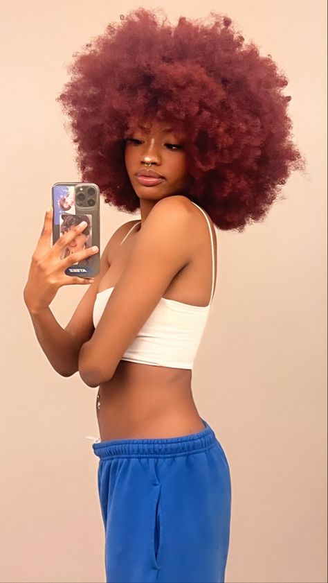 Colored Afros Black Women, Maroon Natural Hair Black Women, Red 4c Hair Black Women, Afro Hair Dye Colors, Coloured Afro Hair, Dark Red 4c Hair, Red 4c Natural Hair, Red Hair 4c, Red Afro Hair Natural 4c