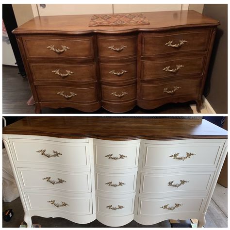 Beautiful Drexel French Provincial Dresser Makeover. Chiffon Cream chalk paint with wax sealer. Before & after pic. Cream French Provincial Dresser, Restored French Provincial Dresser, Rustoleum Chiffon Cream Furniture, Frenchic Paint Furniture Before And After, Cream And Wood Dresser, Cream Dresser Makeover, Cream Chalk Paint Furniture, French Provincial Bedroom Makeover, Cream Furniture Bedroom