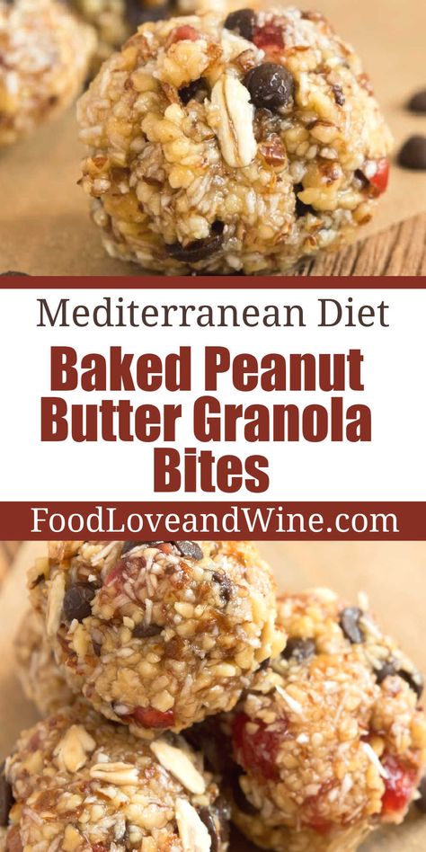 Baked Peanut Butter Granola Bites, a healthier snack or cookie option that is Mediterranean diet and vegetarian diet friendly Mediterranean Cookie Recipes, High Protein Mediterranean Snacks, Cardiac Diet Snacks, Mediterranean Diet Dessert Recipes Healthy, Meditterean Snacks, Mediterranean Snack Plate, Medditeranean Snack Ideas, Mediterranean Diet Snacks Ideas On The Go, Mediterranean Fruit Recipes