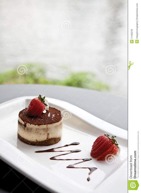 Photo about A dessert of tiramisu on a white plate with strawberries. Image of nature, dessert, creme - 11105278 Dessert Plate Presentation, Tiramisu Plating, Gourmet Desserts Presentation, Dessert Plate Decoration, Nature Dessert, Plating Dessert, Easter Desserts Cake, Dessert Creme, Food Presentation Plates