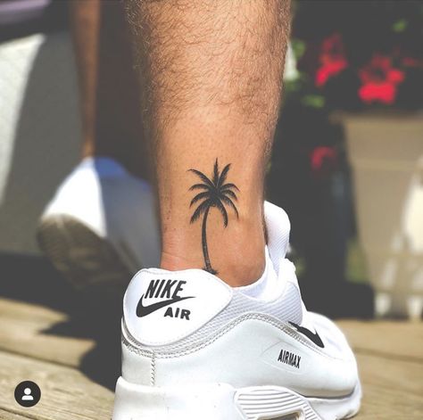 Australian Tattoo Men, Ankle Tattoo For Man, Male Ankle Tattoo, Tatoos Leg Men, Small Palm Tree Tattoo Men, Tattoo Designs Men Calf, Leg Small Tattoo Men, Ankle Tattoo Men Ideas, Small Tattoos For Men On Leg