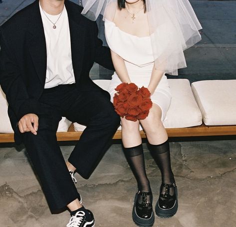 Wedding Grunge Aesthetic, Grunge Wedding Dress Aesthetic, Short Wedding Dress With Doc Martens, Elopement Outfit Brides Casual, Anti Bride Wedding Aesthetic, Wedding Dress With Doc Martens, Wedding Doc Martens, Funny Wedding Pics, Grunge Wedding Dress