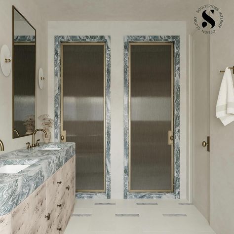 For the love of Cipollino Marble ⛰️ #marble #bathroomdesign #interiordesign #interiordesignfirm #interiordesigner #bath #masterbathroom #interior Marble Trim Bathroom, Marble Baseboard In Bathroom, Small Elegant Bathroom, Marble Baseboard, Marble Skirting, Cipollino Marble, Marble Skirt, Lux Bathroom, Delta House