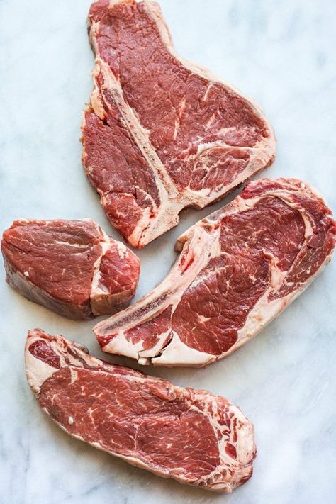 Shopping for Steak? Here Are the 4 Cuts of Steak You Should Know — Meat Basics _ 1. Tenderloin: Other names: Filet mignon, Châteaubriand, fillet, filet. 2. New York Strip: Other names: Strip, Manhattan, Kansas City strip, top sirloin, top loin, contre-filet. 3. T-Bone: Other names: Porterhouse. 4. Ribeye: Other names: Entrecôte, Delmonico, Scotch fillet, Spencer, market, beauty. Cuts Of Steak, Raw Beef, Beef Steaks, Rare Steak, Raw Meat, Steak Cuts, Perfect Steak, Juicy Steak, Cooking Lessons