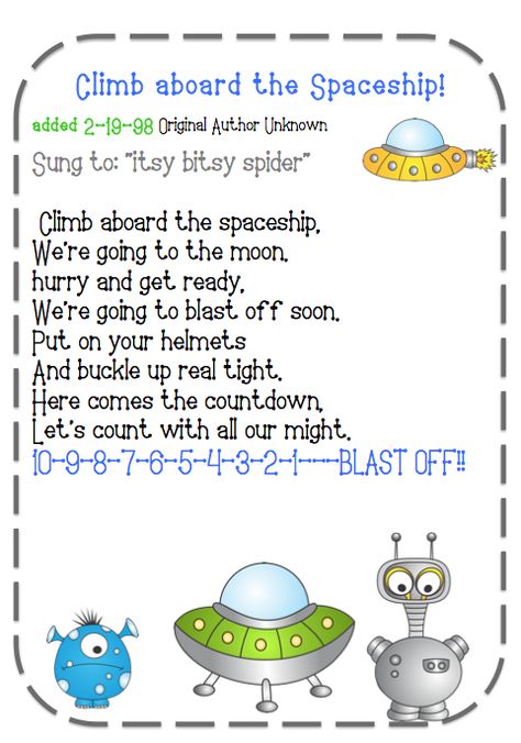 http://owensfamily-gwyn.blogspot.com.br/2013/06/alien-freebie.html Space Theme Centers Preschool, Song Games, Songs For Preschoolers, Space Lesson Plans, Space Theme Preschool, Space Week, Space Lessons, Space Preschool, Storytime Crafts