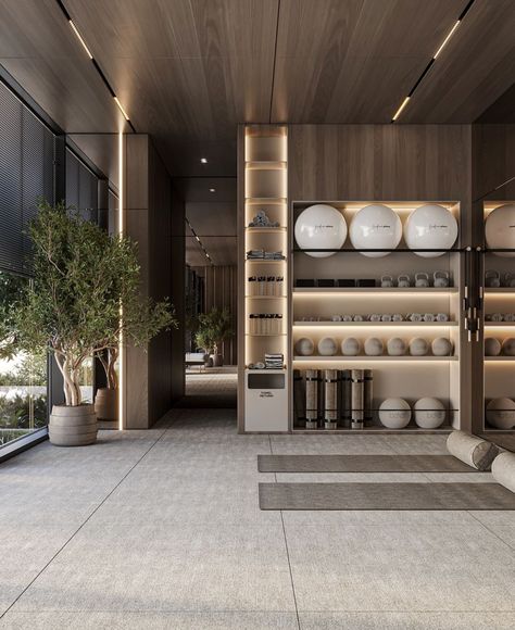 High End Gym Interior Design, Luxury Fitness Room, Spa In Casa, Fitness Storage, Modern Gym, Dream Home Gym, Wellness Room, House Gym, Yoga Studio Design